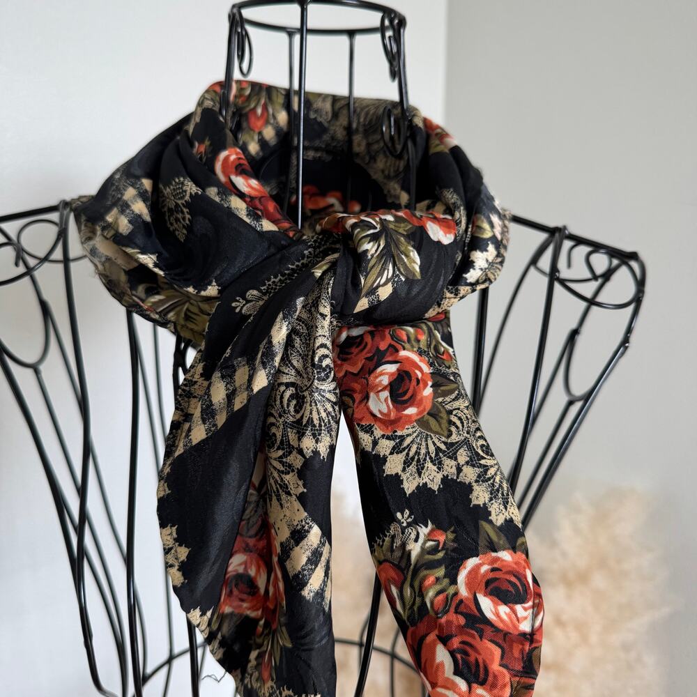 Vintage Black Floral Satin Lightweight Boho Cottage Square Scarf